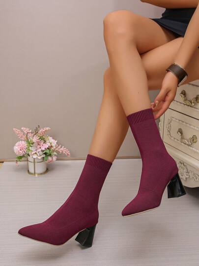 1 Pair Women's Pointed Toe Knit Ankle Boots, Chunky Heel, Elastic Sock Boots, Spring/Autumn/Winter 2025 New Arrival