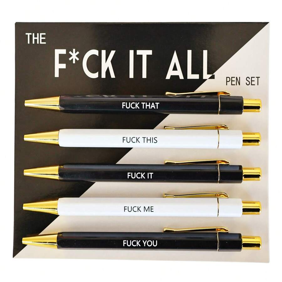 5pcs Funny Ballpoint Pen Set - 1.0mm Tip, Black Ink, Vibrant Quotes, Profanity Design, Unique Office Gift For Colleagues, Personalized Daily Writing Ballpoint Pen Set With Humorous Quotes, Personalized Ballpoint Pen Set - Black and White Ballpoint Pen - View 1