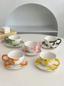 1 bộ cốc và đĩa sứ họa tiết hoa nguyên bản 220ml, cốc và đĩa cà phê thủ công họa tiết hoa vẽ tay, đồ uống gia dụng sáng tạo chất lượng cao dùng để trang trí nhà cửa, tiệc tùng, trà chiều, bữa sáng, sữa chua, quà tặng ngày lễ tình nhân - Nhiều màu - Xem 6