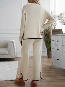 2pcs Women Sweater Set, Casual Color Blocking Knit Sweater And Pants Suit, Autumn/Winter