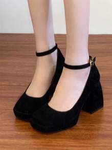 女士复古风格圆头哑光粗黑色浅口鞋系带舒适高跟鞋 - 黑色 - 查看 2