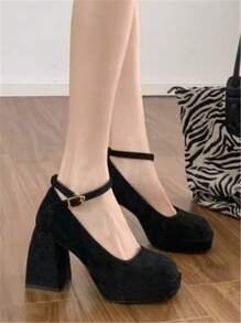 女士复古风格圆头哑光粗黑色浅口鞋系带舒适高跟鞋 - 黑色 - 查看 1