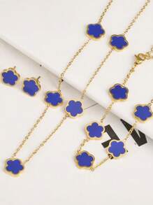 4pcs Stainless Steel Plant-Based 5-Petal Flower Jewelry Set: Earrings, Bracelet, Necklace - Gold + Blue - View 21