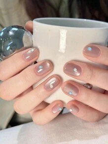 24 件短方形裸色按压指甲，磨砂浅粉色指甲贴，配手工粉色玻璃珍珠猫眼和马卡龙美人鱼珍珠装饰，1 件磨砂条和 1 件果冻凝胶 - 彩色 - 查看 4