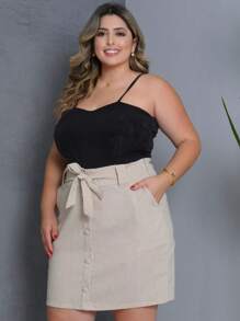 SAIA FEMENINA EM LINHO PLUS-SIZE - Bege - Visão 3