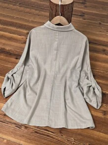 Women's Casual Linen Solid Color Rolled Cuff Button Detail Turndown Collar Long Sleeve Cardigan - Grey - View 8