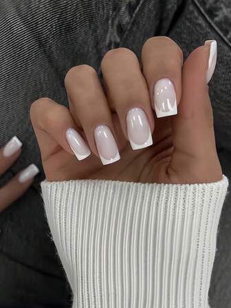 24pcs Medium Square Nail Stickers For Attractive Manicure, Minimalist White French Elegant Daily Fake Nails, Full Coverage Nail Sticker Strips, Suitable For Women And Girls. Includes Nail Salon Set With 1pc Jelly Gel And 1pc Nail File. Random Jelly Gel Color. Press-On Nails, Nail Art Supplies, Nail Products.