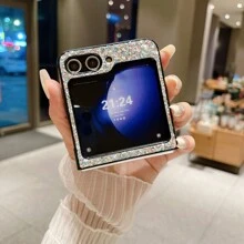 Estuche plegable de lujo para teléfono compatible con Galaxy Z Flip3/4/5/6 5G, de piel mate con lentejuelas y cristales de 1 pieza - Multicolor - Ver 3