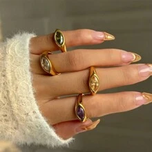 1 件复古 18K 镀金不锈钢彩色锆石装饰单戒指，适合女性日常和婚礼佩戴，礼物 - 鑽戒 - 查看 3