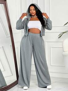 BIUBIU Autumn And Winter Plus Size Zipper Jacket, Wide Leg Pants Two-Piece Set, Casual Commuting Daily Outdoor Sportswear - Grey - View 5