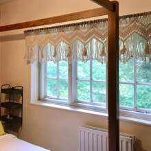 1 szt. makrama, duża ścienna dekoracja z włókien, ręcznie tkana krótka zasłona z frędzlami, zasłona do kuchni z frędzlami, krótka dekoracja na drzwi – drewniany pręt nie jest dołączony