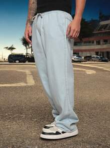 Men's Baggy Straight Baggy Jeans - 淺色水洗藍 - 查看 3