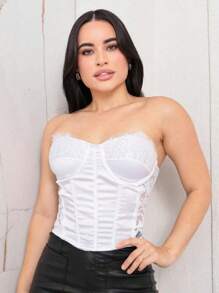 Women's Satin Corset With Strapless Padded Bra Women's Fashion Cropped Lace - trắng - Xem 5