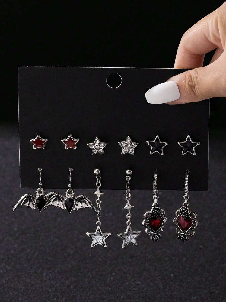 6 Pairs Gothic Dark Studded Drip Oil Five-Pointed Star, Bat, Heart Rose, Guitar, Key, Starfish, Crow, Skull Fashionable Luxury Design Earrings Set - Multicolor-j - View 13