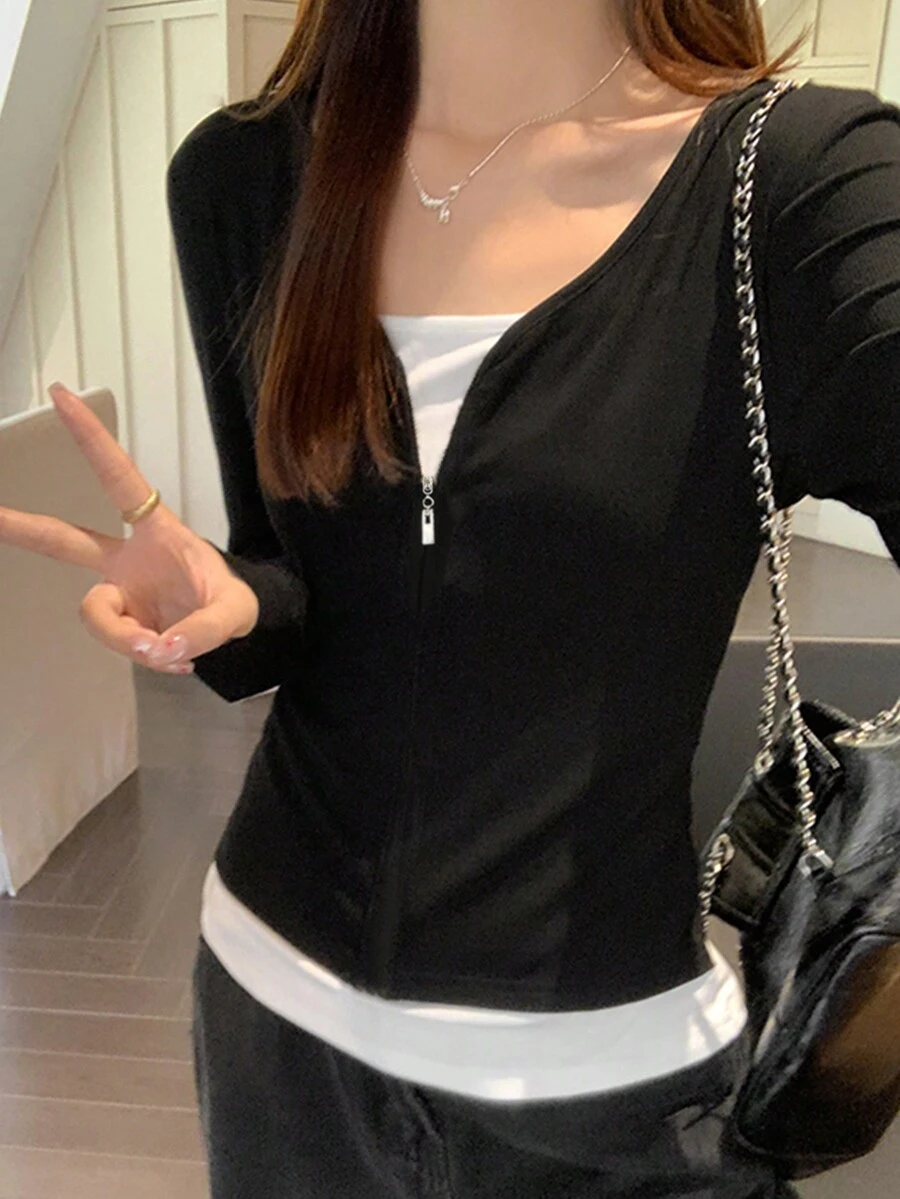 Sudadera de manga larga con cremallera y bloque de colores, estilo coreano, camiseta interior ajustada - Negro - Ver 1