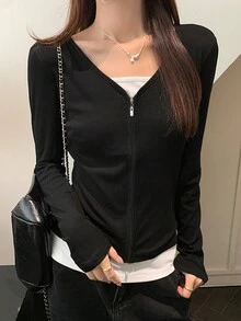 Sudadera de manga larga con cremallera y bloque de colores, estilo coreano, camiseta interior ajustada - Negro - Ver 3