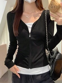 Sudadera de manga larga con cremallera y bloque de colores, estilo coreano, camiseta interior ajustada - Negro - Ver 4