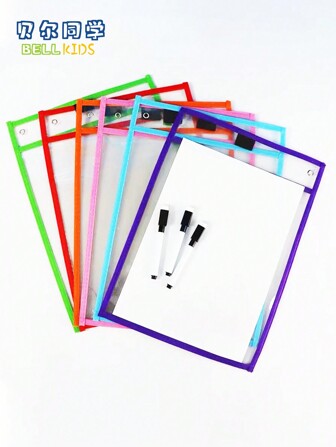 BELLKIDS 6/12 Transparent Double-Sided Erasable Dry Erase Bags With 8-Color Pens, Hanging Writing File Bags, Colored Graffiti And Painting Bags, PVC Storage Bags, Literacy Games, Interactive Props, Perfect For Classrooms, Families, Student Stationery, And Teaching Tools.