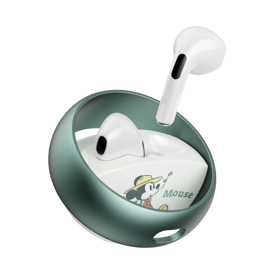 Disney True Wireless Bluetooth Headset QS-13-Strawberry Bear Rose Red Winnie The Pooh Grass Green Mickey Indigo Minnie Rose Gold Round Metal Ring Oxidized ID Design 360 Degree Rotation Unzip Chinese Packaging