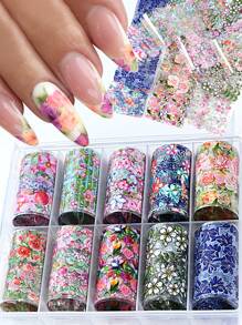 10 fogli/scatola Carta da trasferimento per arte di unghie con piccoli motivi floreali colorati, carta da trasferimento per arte di unghie con motivi floreali e vegetali, decorazioni per arte di unghie floreali, per nail salon fai-da-te (senza colla)