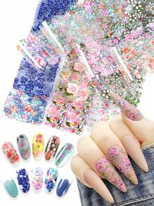 10 fogli/scatola Carta da trasferimento per arte di unghie con piccoli motivi floreali colorati, carta da trasferimento per arte di unghie con motivi floreali e vegetali, decorazioni per arte di unghie floreali, per nail salon fai-da-te (senza colla)