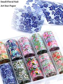 10 fogli/scatola Carta da trasferimento per arte di unghie con piccoli motivi floreali colorati, carta da trasferimento per arte di unghie con motivi floreali e vegetali, decorazioni per arte di unghie floreali, per nail salon fai-da-te (senza colla)