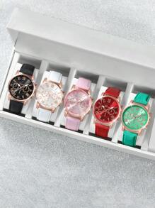 5 件女士简约三眼罗马刻度石英腕表（无盒） - 彩色 - 查看 1