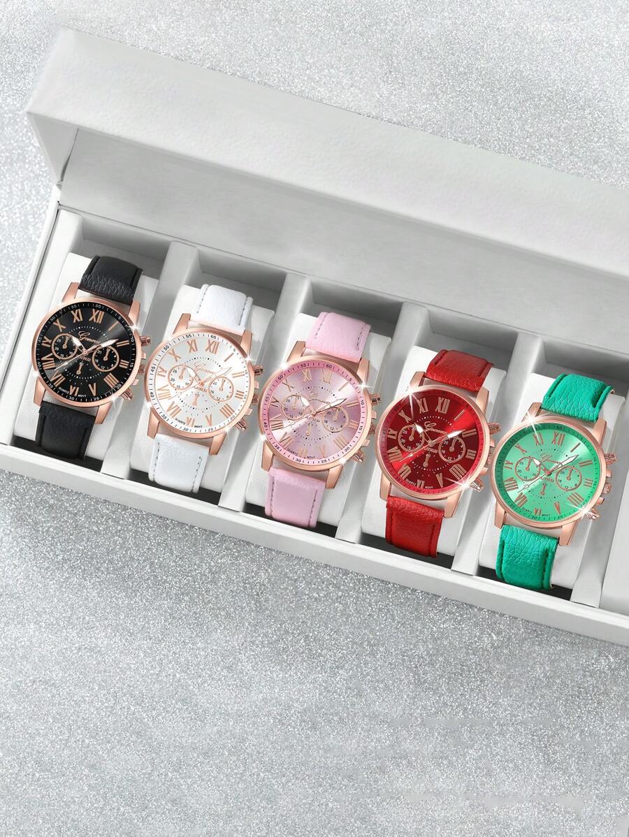 5 件女士简约三眼罗马刻度石英腕表（无盒） - 彩色 - 查看 1