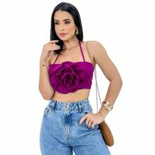 Women's Cropped Top Tailored Flower Elegant Social Tank Top - 玫瑰紅 - 查看 2