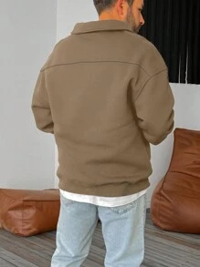 GLESTORE Men's Retro Coin-Print Fleece Solid-Color Polyester Half-Zip Long-Sleeve Sweatshirt For Spring, Fall, And Winter Commuting And Casual Wear - Khaki - View 4