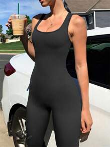 Fashionable Ribbed Square Neck Lift Butt Fitted Sexy Jumpsuit