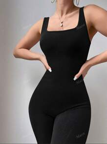 Fashionable Ribbed Square Neck Lift Butt Fitted Sexy Jumpsuit