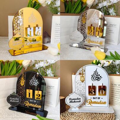 1pc Eid Festival 3D Digital Clock Decor, Acrylic Mirror Display Stand, Islamic Rama Decorations Kreem Islamic Mubarak Holiday Room Decor Tabletop Best Gifts Birthday Graduation