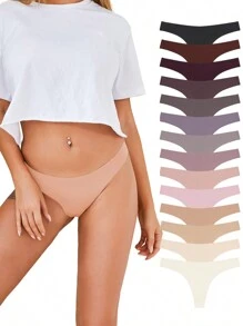 SHARICCA 14pcs Solid Simple Seamless Thong, Breathable Comfortable Panty Set, Stretchy Panties For Women - 彩色 - 查看 1