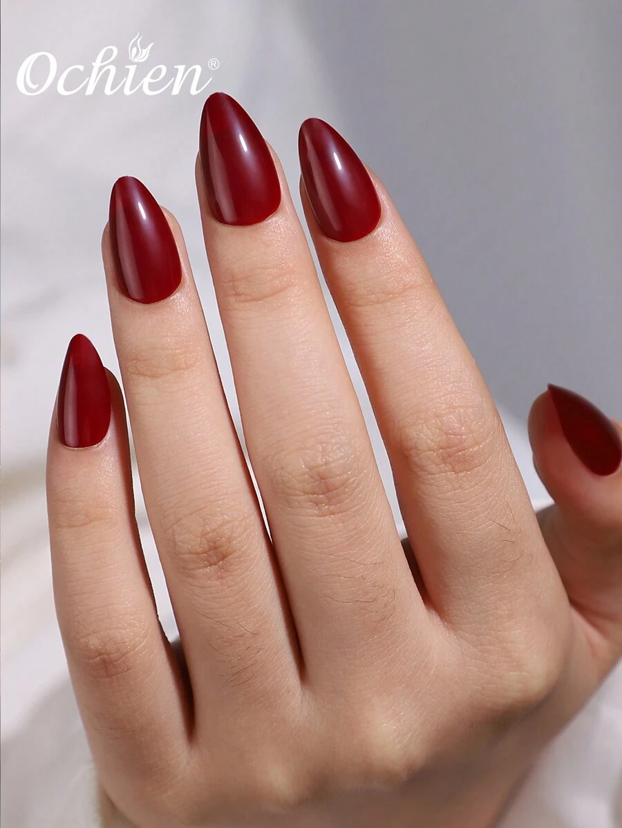 Bộ 24 móng tay giả hình quả hạnh nhân ngắn, Bộ làm móng tay màu đỏ tía, Móng tay giả bằng gel mềm phủ toàn bộ có thể tái sử dụng kèm 2 keo dán và 1 dũa, Móng tay Giáng sinh