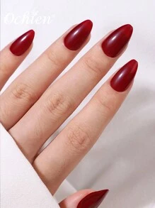 Bộ 24 móng tay giả hình quả hạnh nhân ngắn, Bộ làm móng tay màu đỏ tía, Móng tay giả bằng gel mềm phủ toàn bộ có thể tái sử dụng kèm 2 keo dán và 1 dũa, Móng tay Giáng sinh - Màu Đỏ Sâu - Xem 3