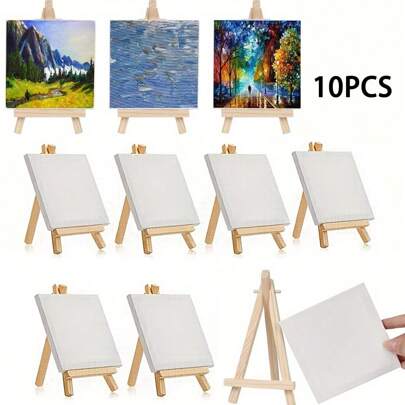 1/10 Pack Mini Canvas And Easel Set Mini Canvas Panels Mini Wood Easels, For Painting, Oil Painting And Diy Doodle",Christmas Gift,Back To School,School Supplies
