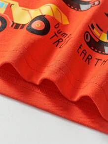 1 pezzo Maglietta in cotone a maniche corte con collo rotondo, stampa di escavatore a cartone animato per ragazzo, casual streetwear, moda primavera/estate