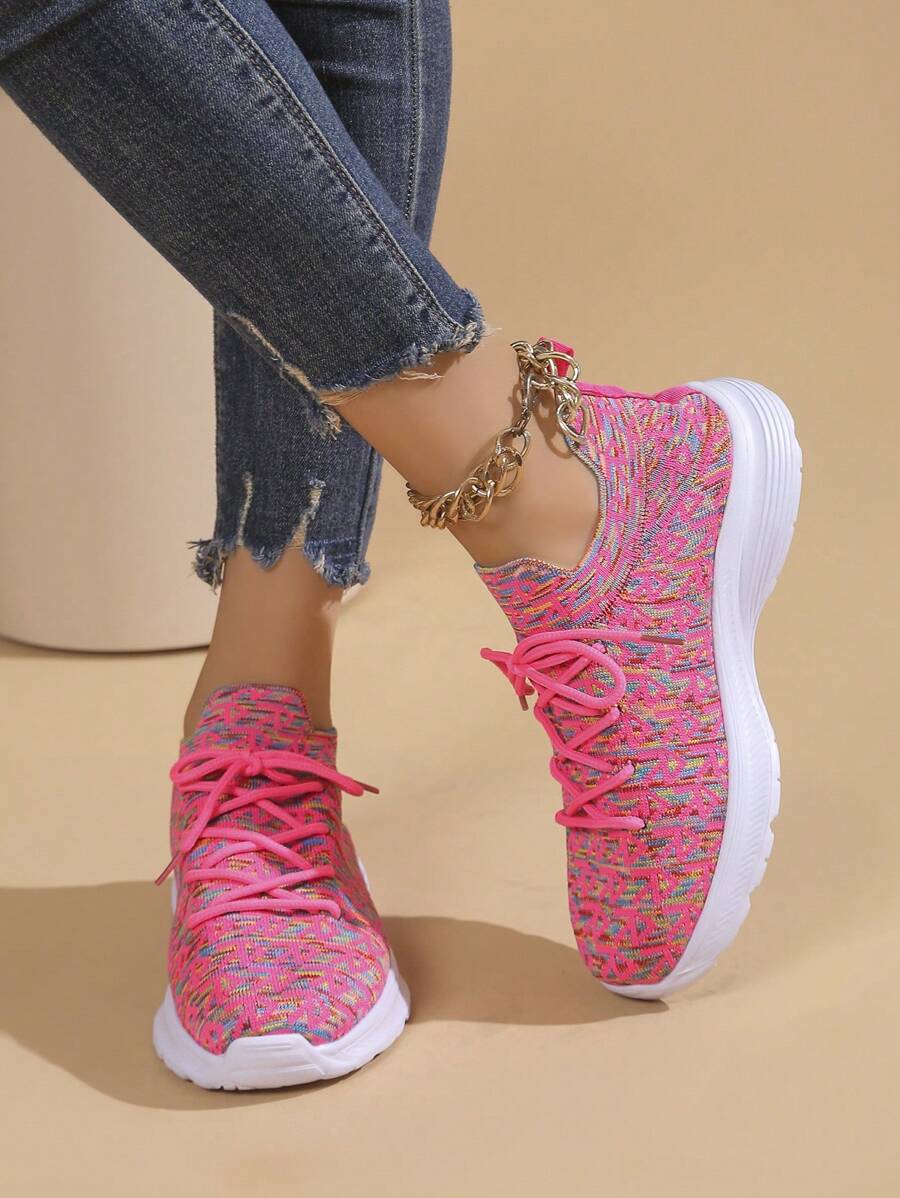 1 双女式系带图案平底透气户外运动跑步鞋，轻便低帮运动鞋 - 彩色 - 查看 1
