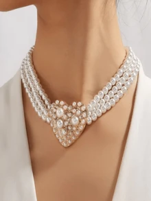 多层复古风格珍珠心形吊坠项链，适合派对和婚礼 - 珍珠項鍊 - 查看 1