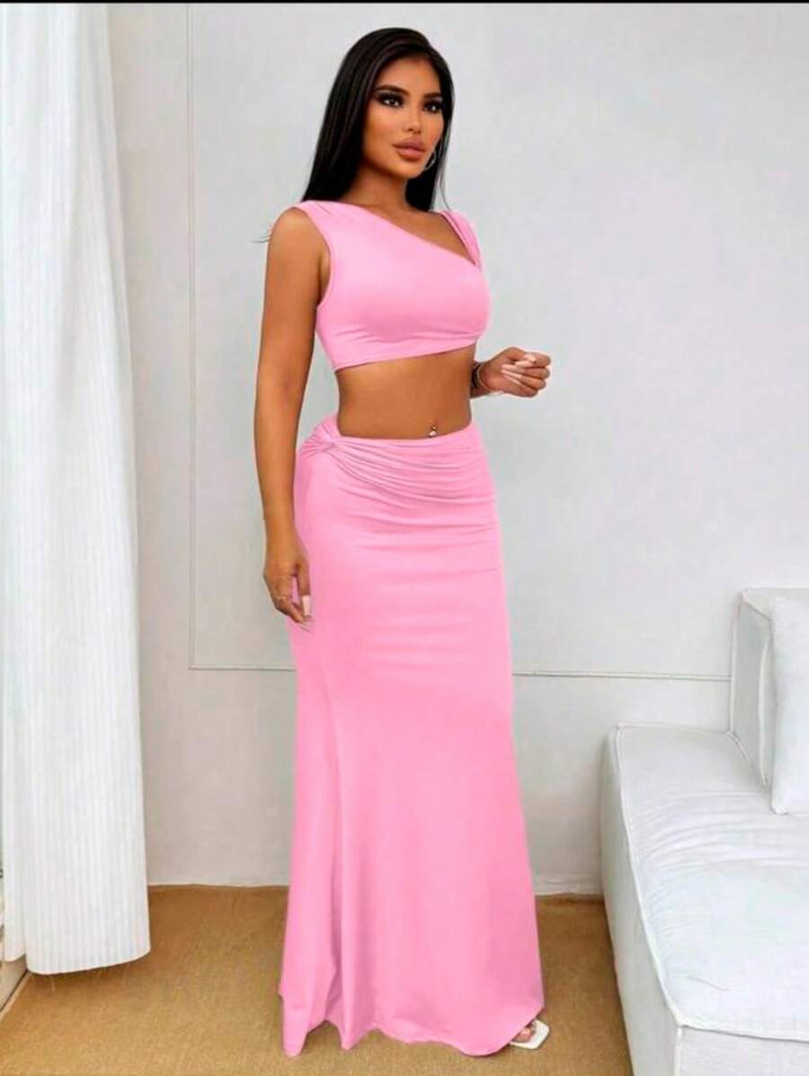 Casual Event Set Cropped Top With Thick Straps Twisted At The Back With Long Twisted Skirt For Clubbing Chic Modern Elegant Parties Daytime Casual - Màu Hồng baby - Xem 1