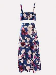 Women's 2 Pieces Ditsy Floral Sleeveless Top And Ruffle Hem Maxi Skirt Set, Casual Beach Dress - Multicolor - View 9