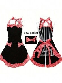 1 件可调节、复古可爱女士厨房围裙、蝴蝶结口袋女仆制服围裙、荷叶边下摆清洁烹饪围裙 - 彩色 - 查看 14