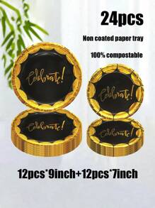 Bộ 24 món, Đĩa giấy dùng một lần làm từ vật liệu, Dập nóng, Đen, Đĩa giấy chủ đề lễ kỷ niệm, Đĩa giấy 7 inch, Bìa cứng 9 inch, Đĩa dùng một lần cho bữa tiệc, Vật liệu - Nhiều màu - Xem 9