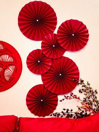 6pcs Red Paper Fans, Party Decorations For Birthday, Valentine's Day DIY Decoration, Wedding, Engagements, And Celebrations,New Year Decorations