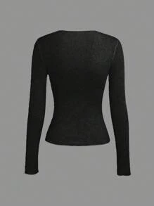 Atasan Rajut Slim Fit dengan Jahitan Terlihat, Blus Wanita Lengan Panjang Gaya Minimalis, dengan Desain Pinggang Elastis, Warna Hitam - Hitam - View 6
