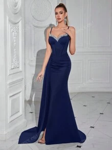 Abito da donna con scollo a V, decorato con strass, vita alta, lungo, con schiena aperta e legata, abito da sera formale per il ballo di fine anno o feste