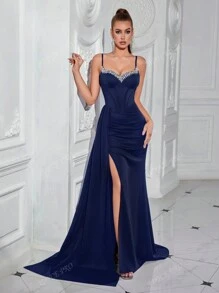 Abito da donna con scollo a V, decorato con strass, vita alta, lungo, con schiena aperta e legata, abito da sera formale per il ballo di fine anno o feste