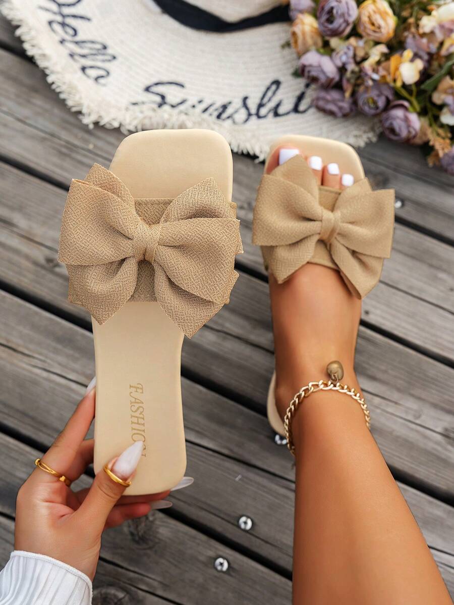 Sandal Wanita Baru, Modis & Lucu, Ringan, Dekorasi Pita, Ujung Persegi, Bahan Kain, Nyaman, Cocok untuk Pelajar, Kehidupan Sehari-hari, Pesta, dan Hari Valentine