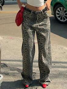 Y2K 美国新款复古高街豹纹斜口袋直筒休闲工装裤